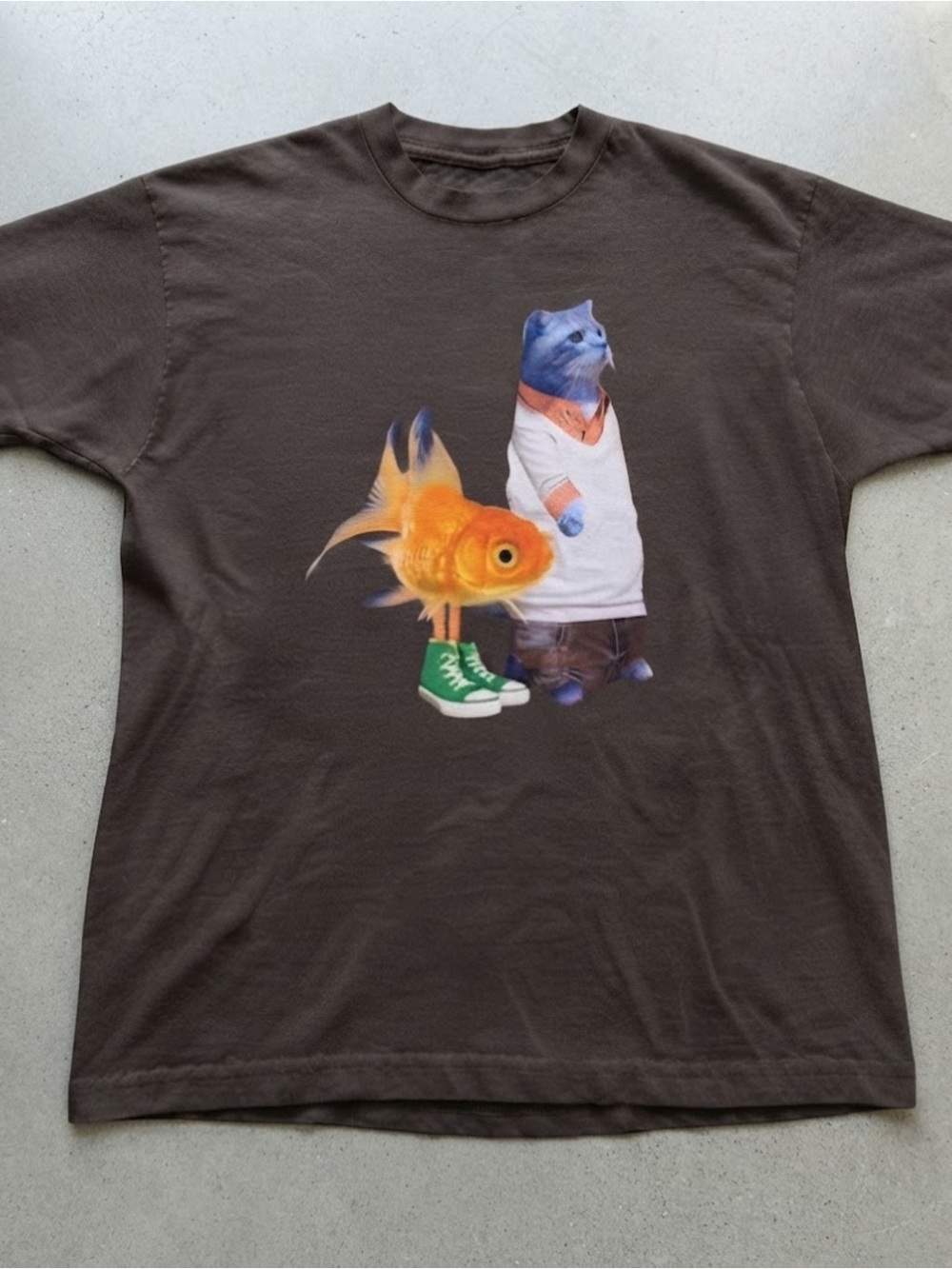 Surreal Cat and Goldfish Graphic Print Cotton Gildan T-shirt